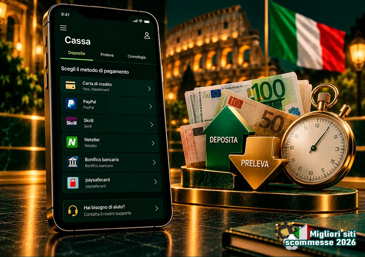 Cassa bookmaker con euro, depositi, prelievi e cronometro per i tempi effettivi.